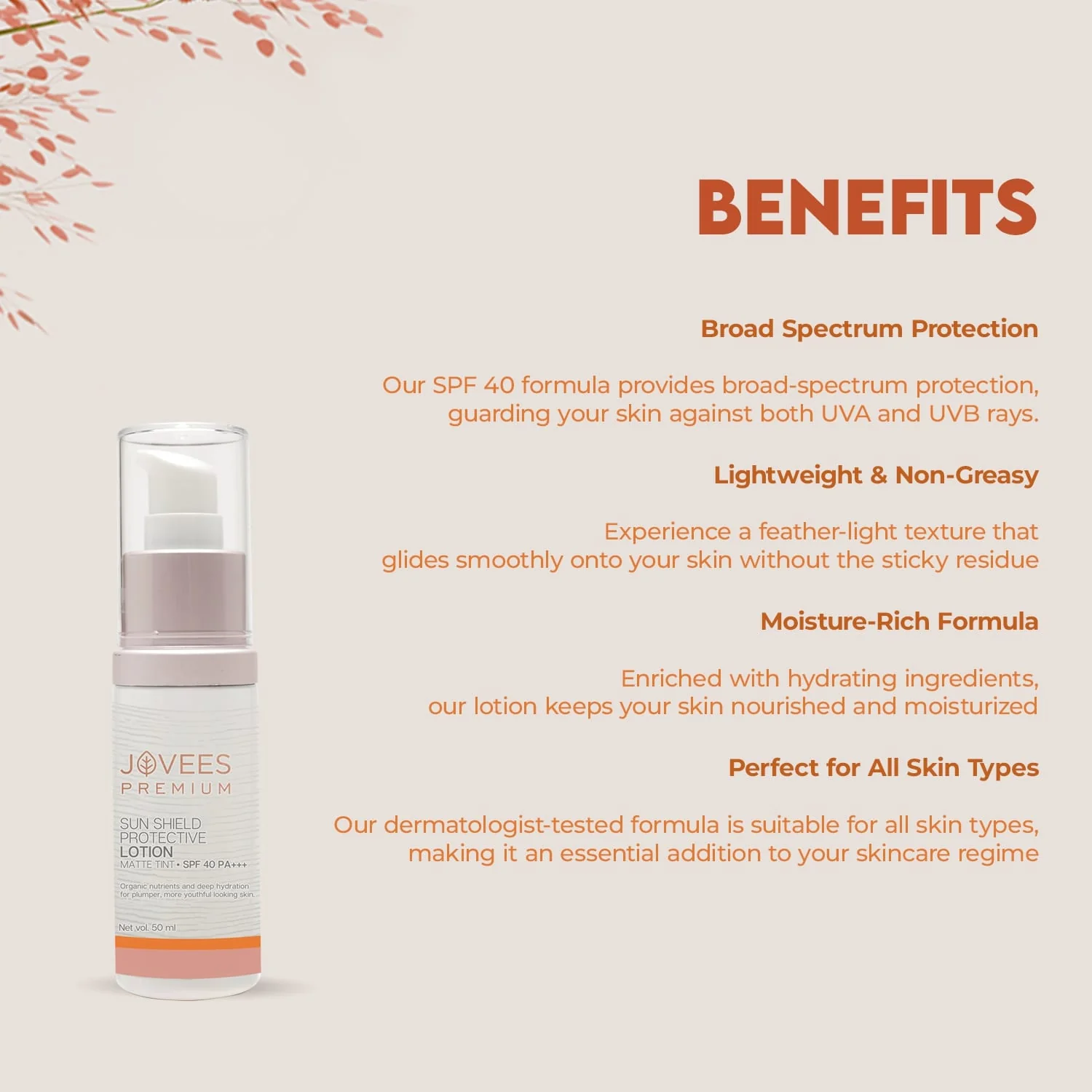 Jovees Sensitive Skin Premium Sun Shield Protective Lotion SPF 40 | Broad Spectrum PA+++ | Matte Tint | Infused with Organic Extracts | Lightweight and Oil Free 50ML - Image 3