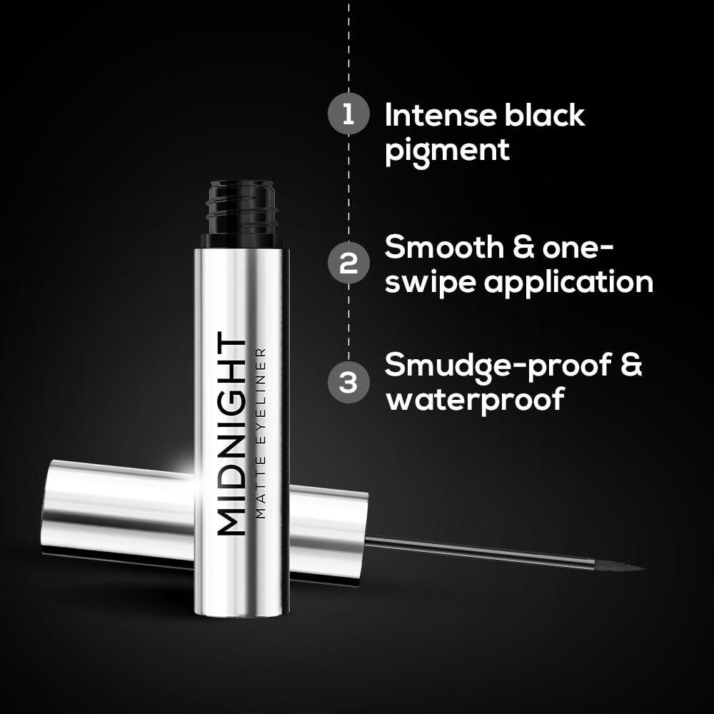 RENEE Midnight Matte Eyeliner, Darkest Black, Long Lasting, Smudge-Proof & Waterproof Formula, One-Swipe-Application with Intense Pigment, Enriched with Vitamin E, Camomile & Aloe Vera, 2.5ml - Image 2