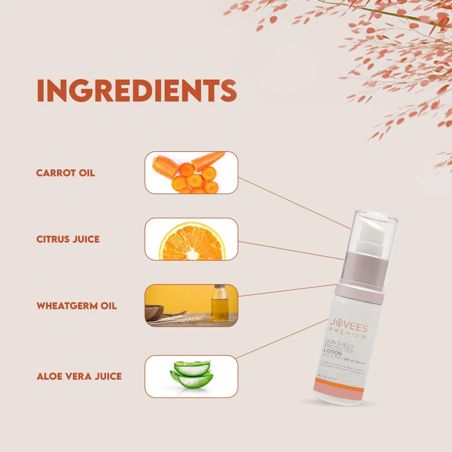 Jovees Sensitive Skin Premium Sun Shield Protective Lotion SPF 40 | Broad Spectrum PA+++ | Matte Tint | Infused with Organic Extracts | Lightweight and Oil Free 50ML - Image 5