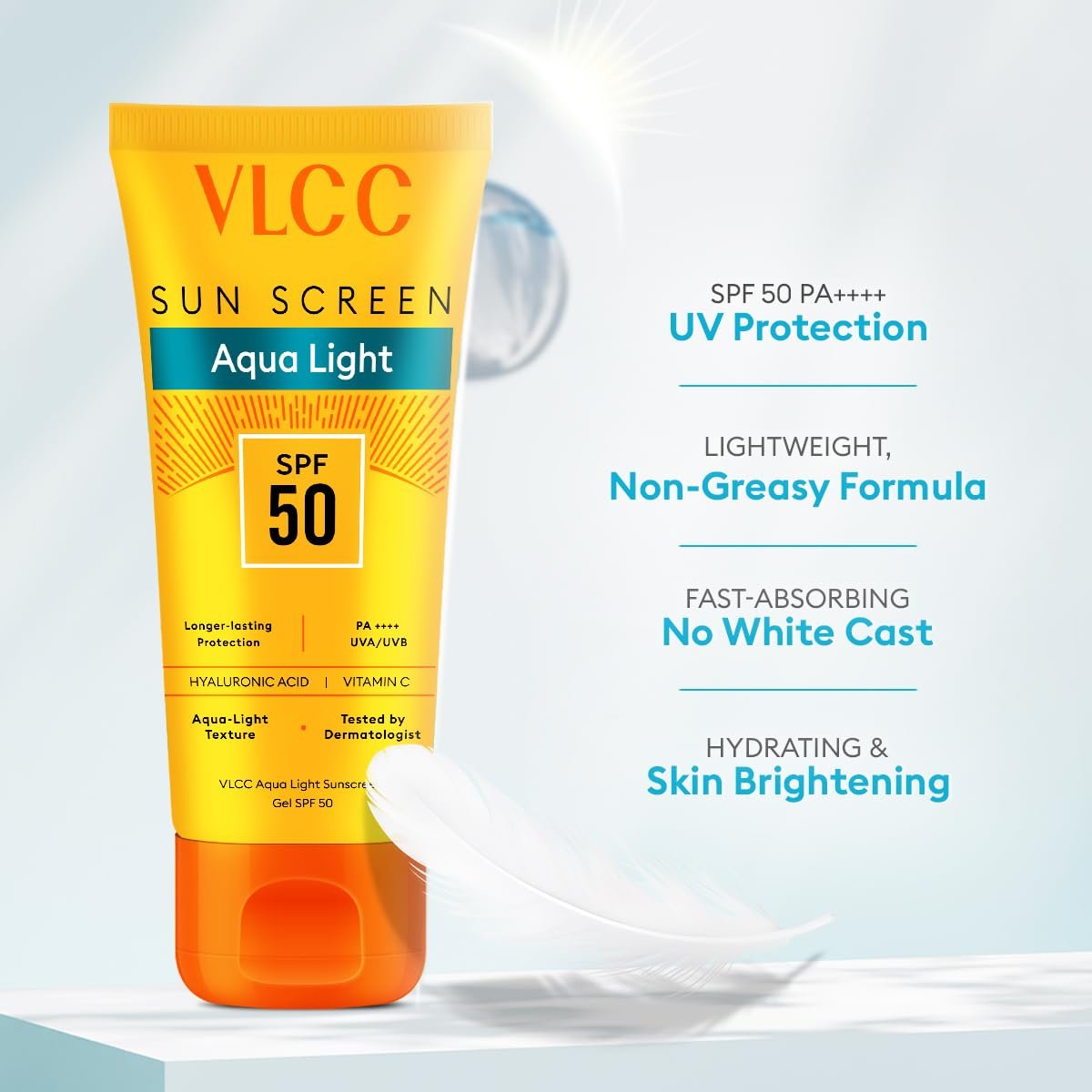 VLCC Aqua Light Sunscreen Gel SPF 50 PA+++ | Fast-Absorbing, Non-Greasy, No White Cast | Broad Spectrum UV Protection | Hyaluronic Acid & Vitamin C | Dry Touch, Lightweight, Hydrating Sunscreen - 100g - Image 2