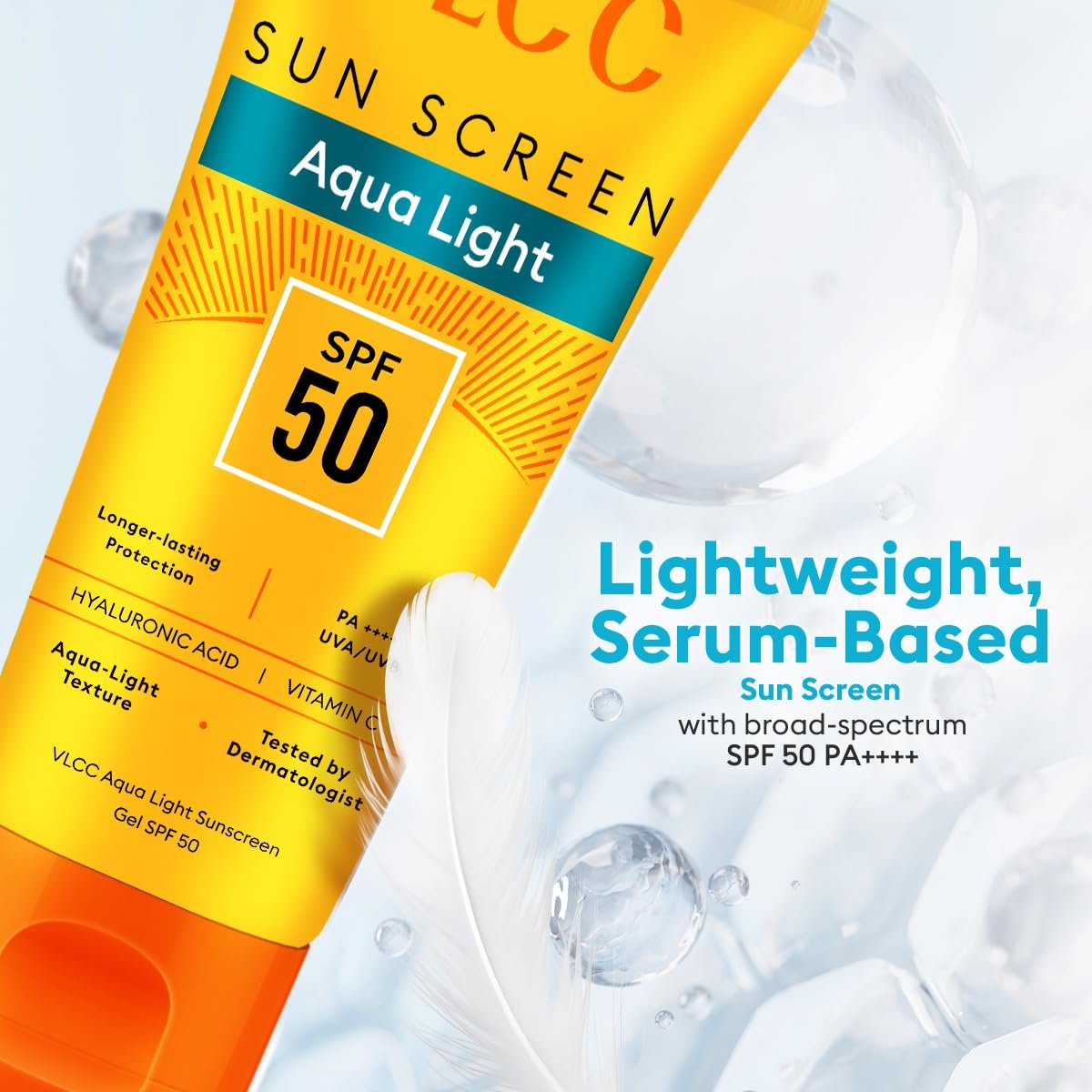 VLCC Aqua Light Sunscreen Gel SPF 50 PA+++ | Fast-Absorbing, Non-Greasy, No White Cast | Broad Spectrum UV Protection | Hyaluronic Acid & Vitamin C | Dry Touch, Lightweight, Hydrating Sunscreen - 100g - Image 3