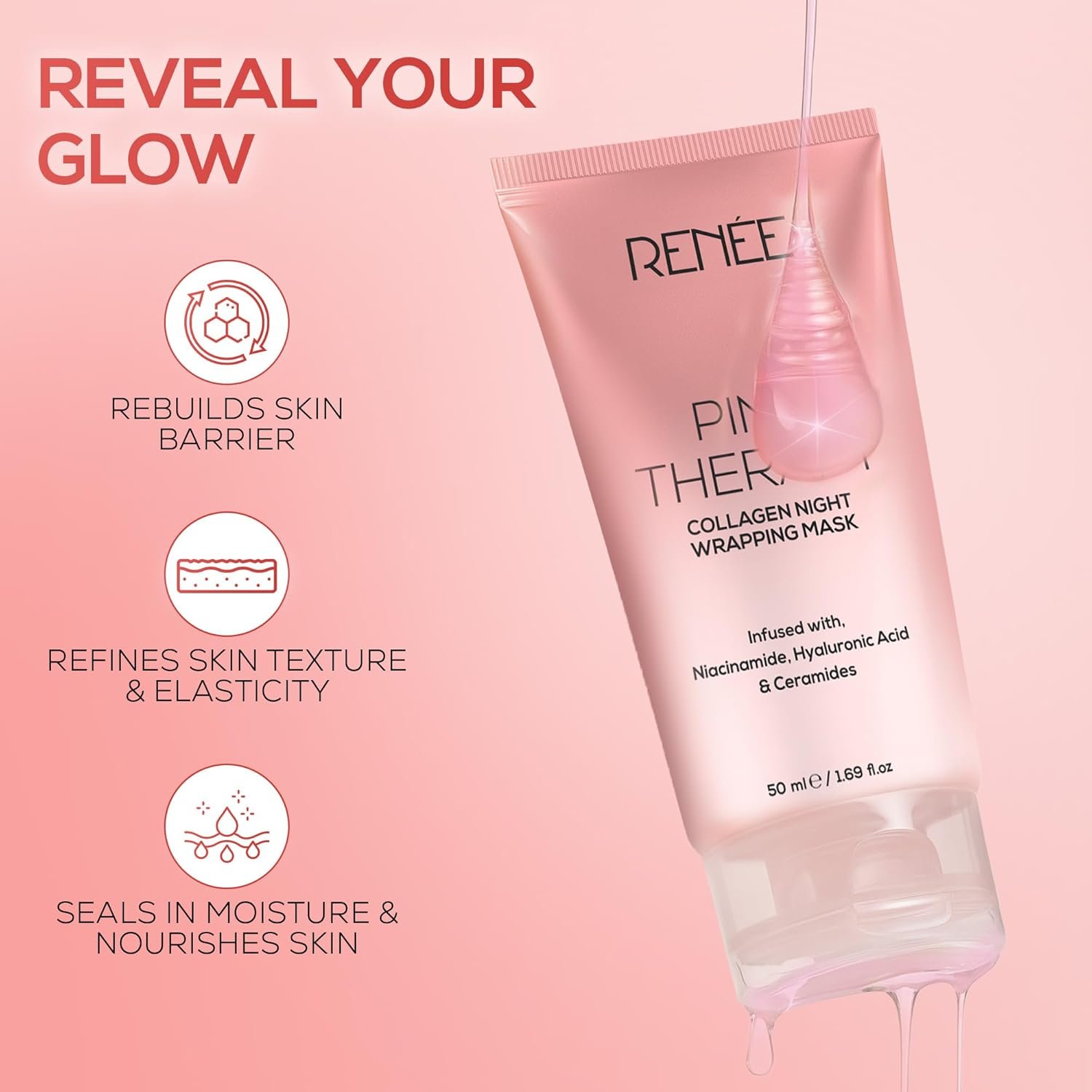 RENEE Pink Therapy Collagen Night Wrapping Face Mask | For Young, Hydrated Skin | Texture & Elasticity | Improves Skin Barrier | Hyaluronic Acid & Niacinamide Infused | 50 ml - Image 3