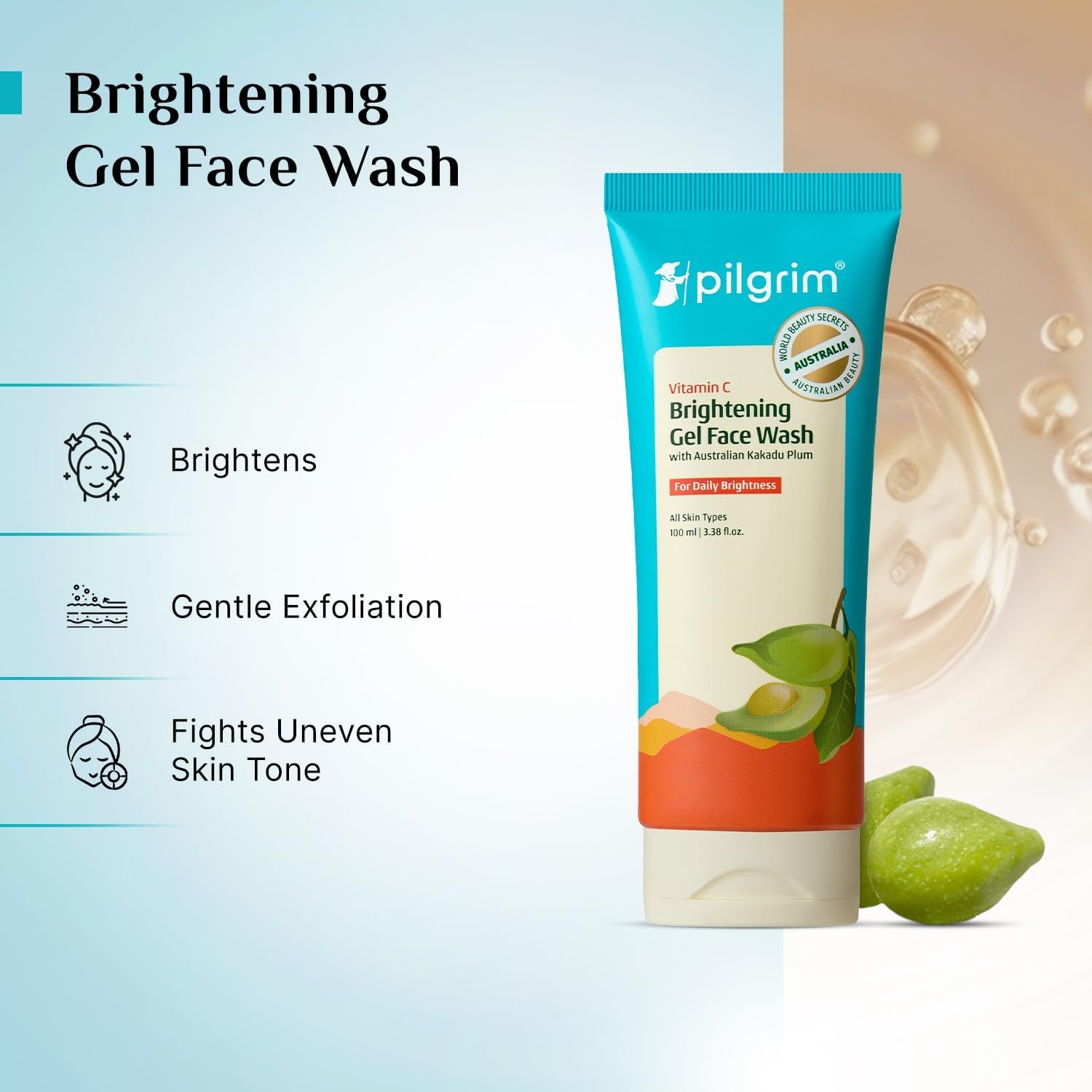 Pilgrim Australian Vitamin C Gel Face Wash for glowing skin with Kakadu Plum & Lime Pearl™ | Face wash for dry & radiant skin | Women & Men | 100 ml - Image 2