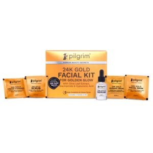 Pilgrim 24K Gold Facial Kit for Instant Radiance & Golden Glow: Includes Gold Cleanser, Scrub, Massage Cream, Facial Mask, Red Vine Mist & Toner (30ml)