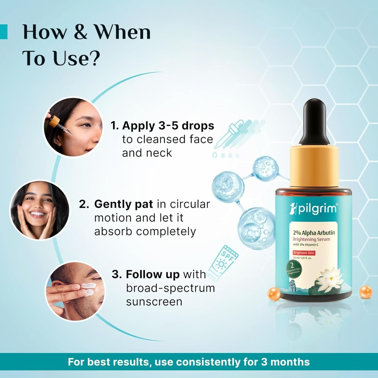 PILGRIM Korean 2% Alpha Arbutin & 3% Vitamin C Brightening Face Serum for glowing skin| Alpha arbutin face serum|All skin types | Men & Women| Korean Skin Care| Vegan & Cruelty-free | 30ml - Image 3