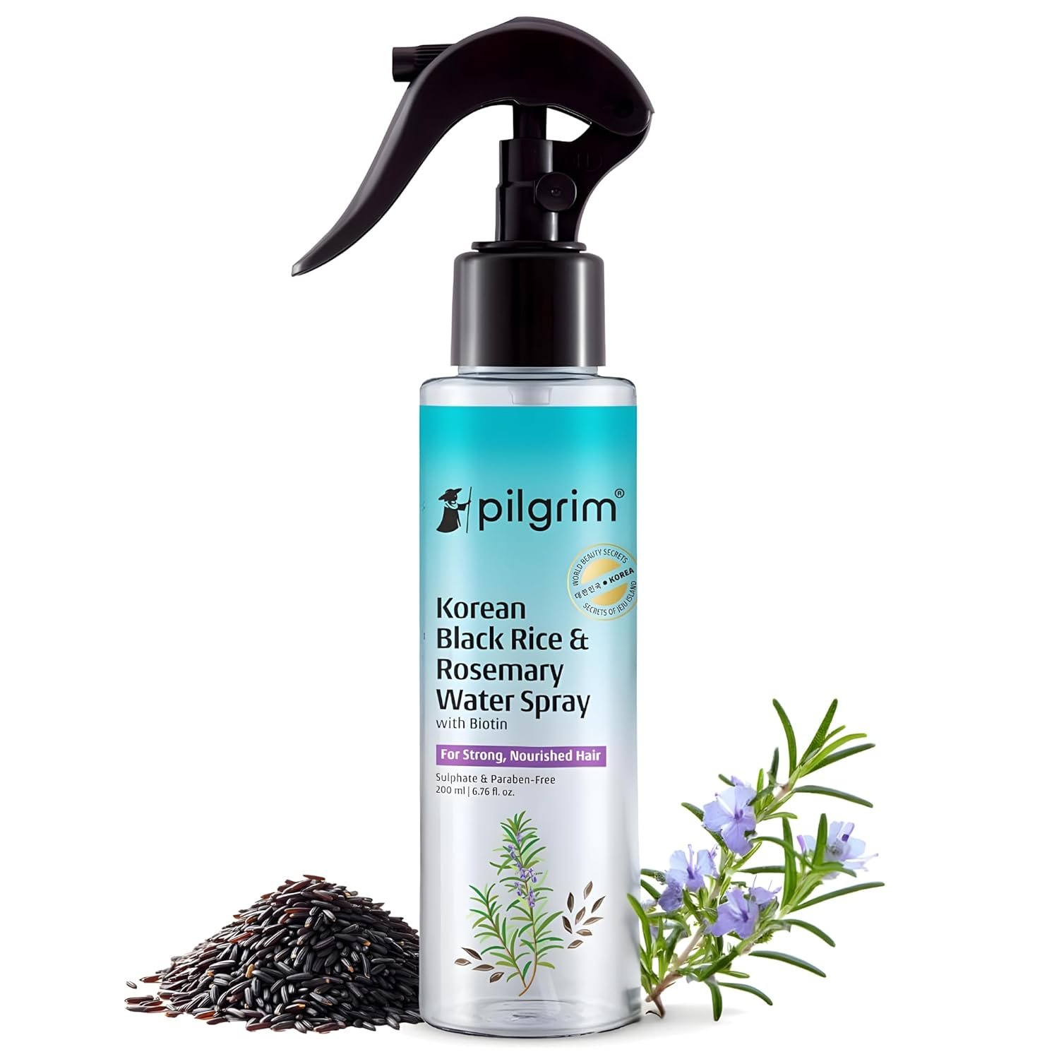 Pilgrim Korean Black Rice and Rosemary Water Spray With Biotin For Strong, Nourished Hair 200ml | Spray for Regrowth | Thicker & Stronger Hair | Sulphate & Paraben Free I For Women for Men