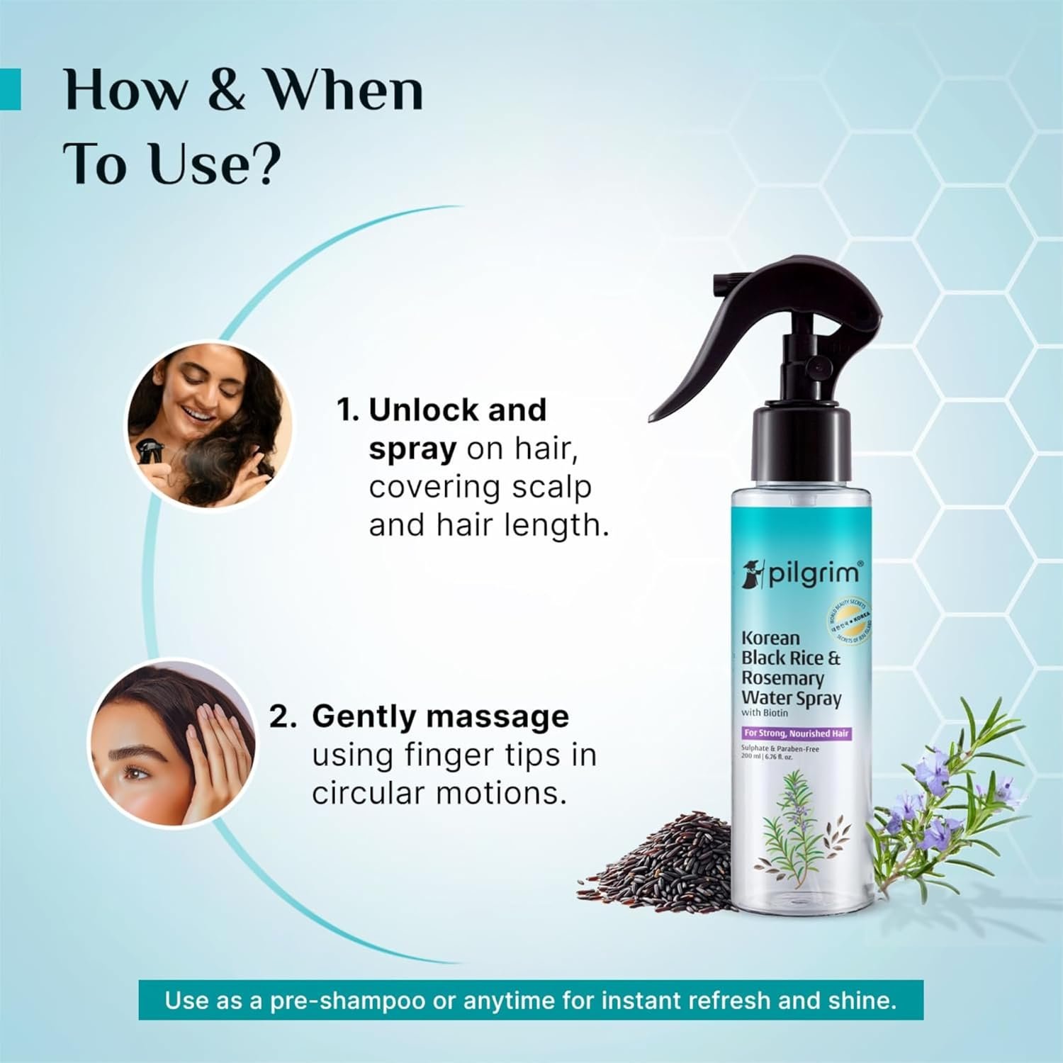 Pilgrim Korean Black Rice and Rosemary Water Spray With Biotin For Strong, Nourished Hair 200ml | Spray for Regrowth | Thicker & Stronger Hair | Sulphate & Paraben Free I For Women for Men - Image 2