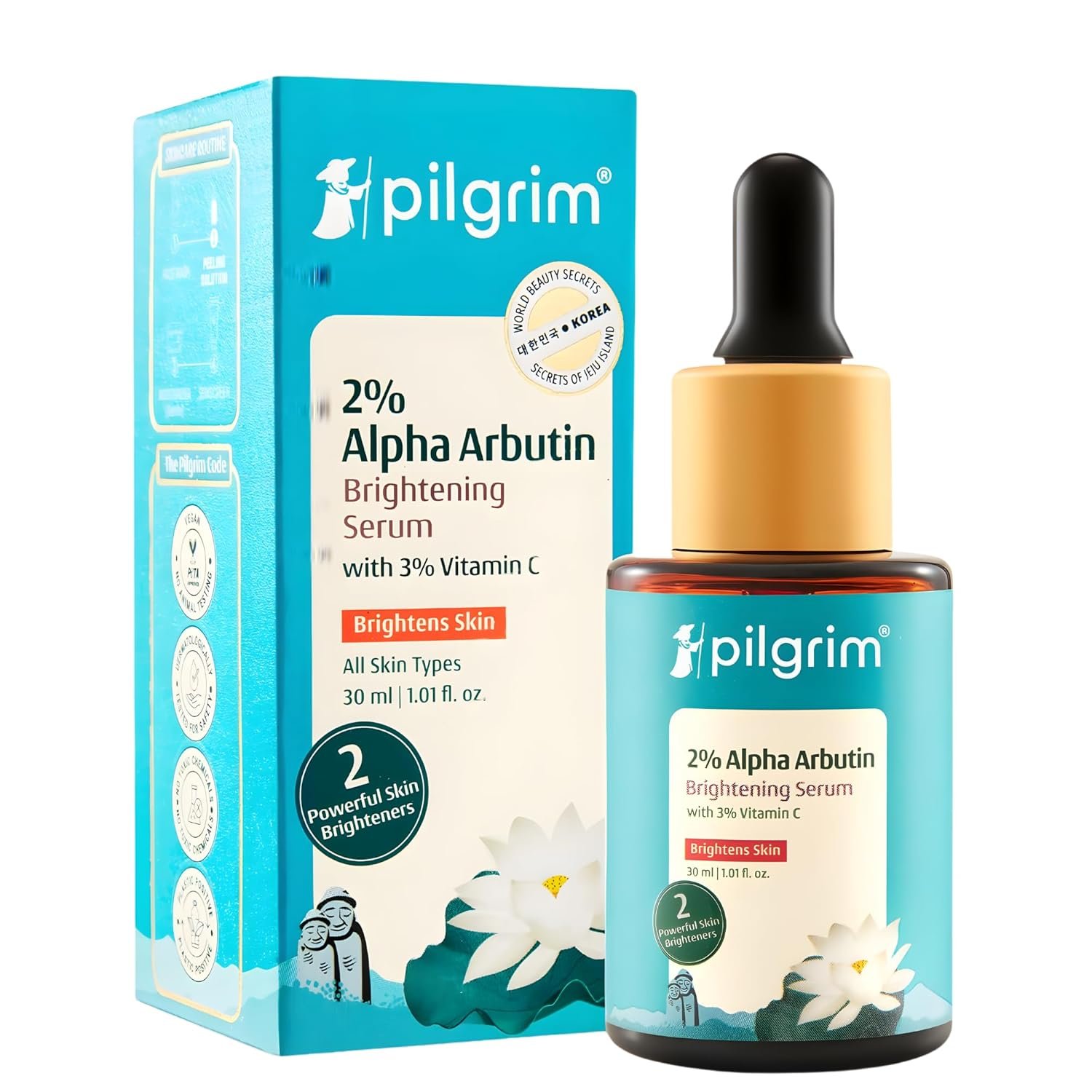 PILGRIM Korean 2% Alpha Arbutin & 3% Vitamin C Brightening Face Serum for glowing skin| Alpha arbutin face serum|All skin types | Men & Women| Korean Skin Care| Vegan & Cruelty-free | 30ml