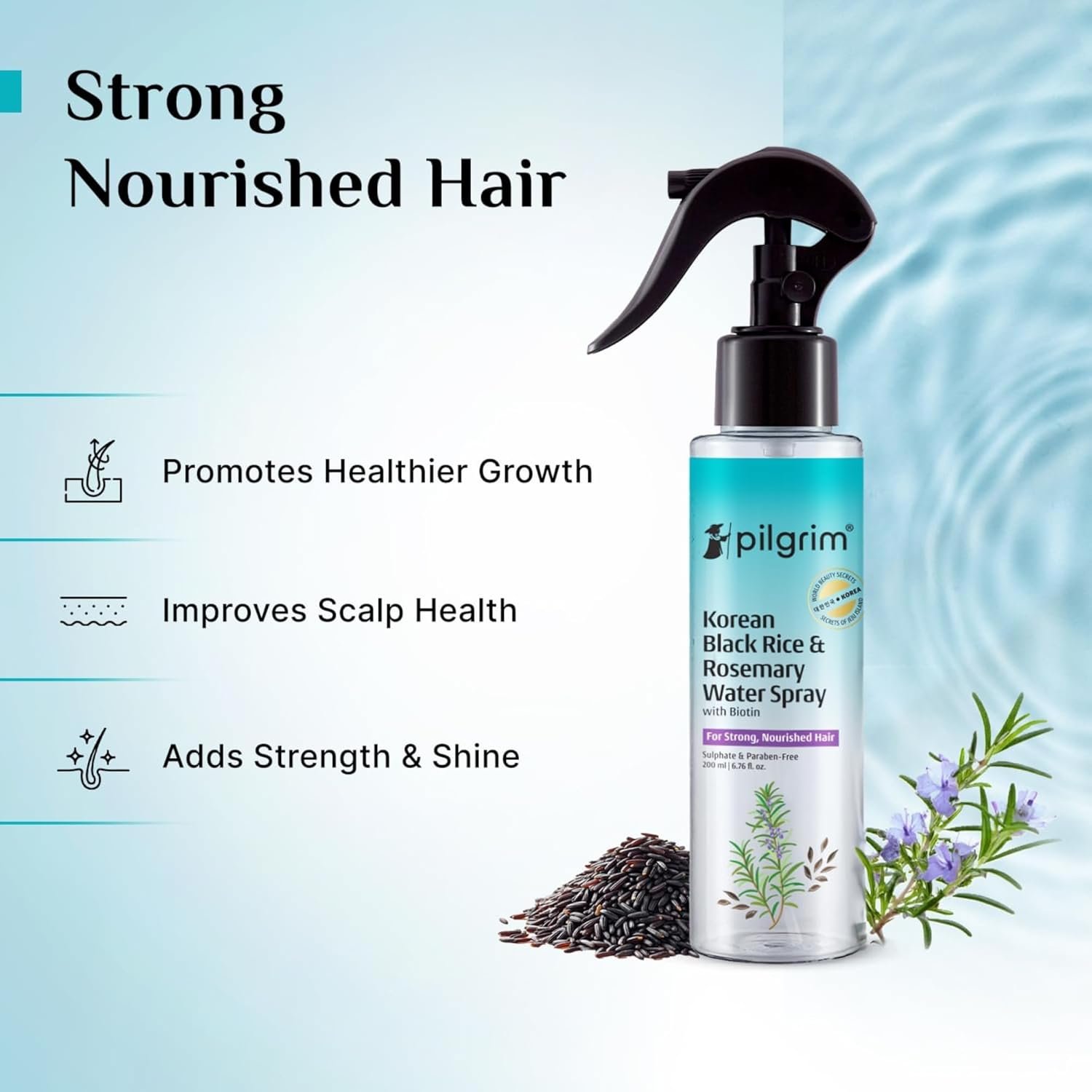 Pilgrim Korean Black Rice and Rosemary Water Spray With Biotin For Strong, Nourished Hair 200ml | Spray for Regrowth | Thicker & Stronger Hair | Sulphate & Paraben Free I For Women for Men - Image 4
