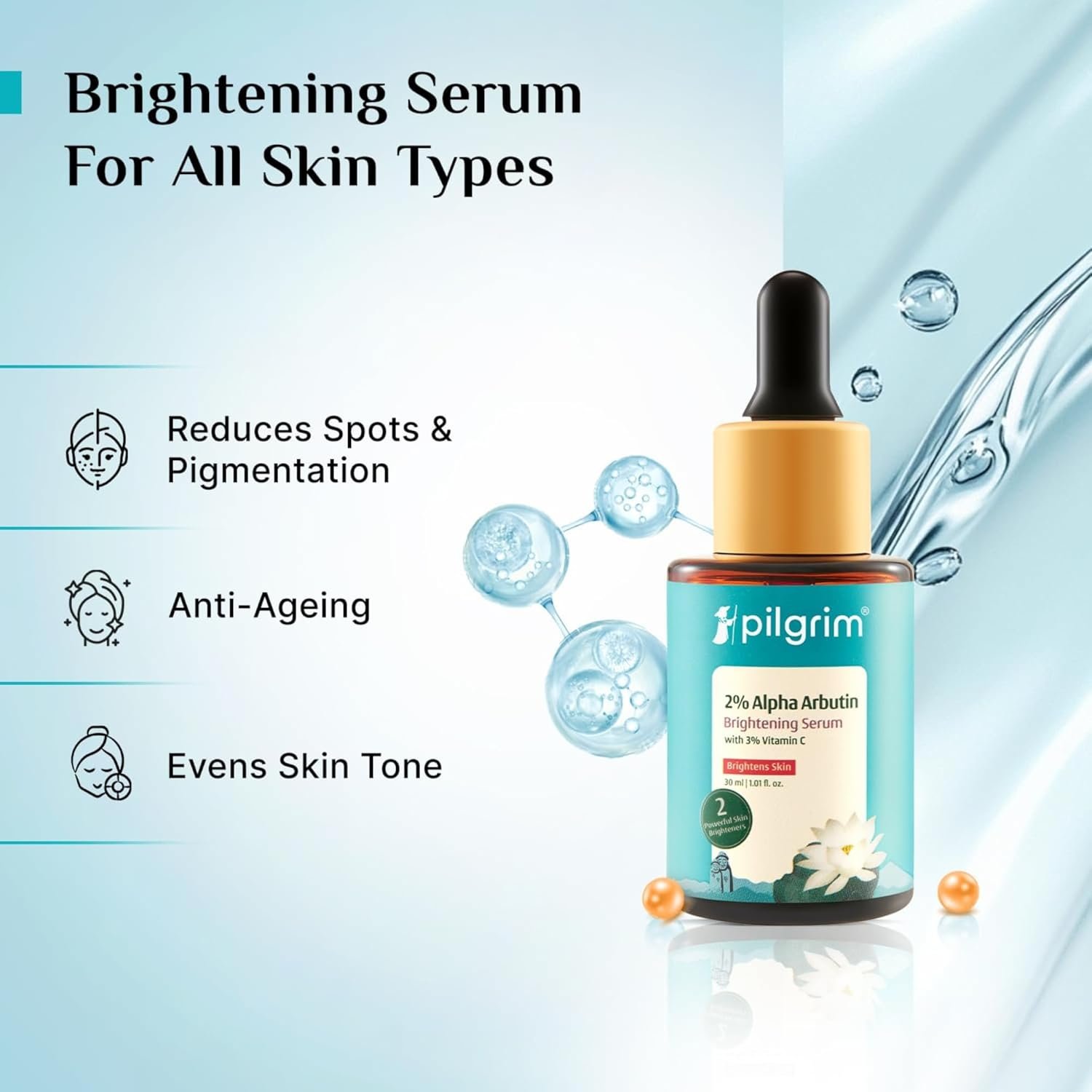 PILGRIM Korean 2% Alpha Arbutin & 3% Vitamin C Brightening Face Serum for glowing skin| Alpha arbutin face serum|All skin types | Men & Women| Korean Skin Care| Vegan & Cruelty-free | 30ml - Image 4