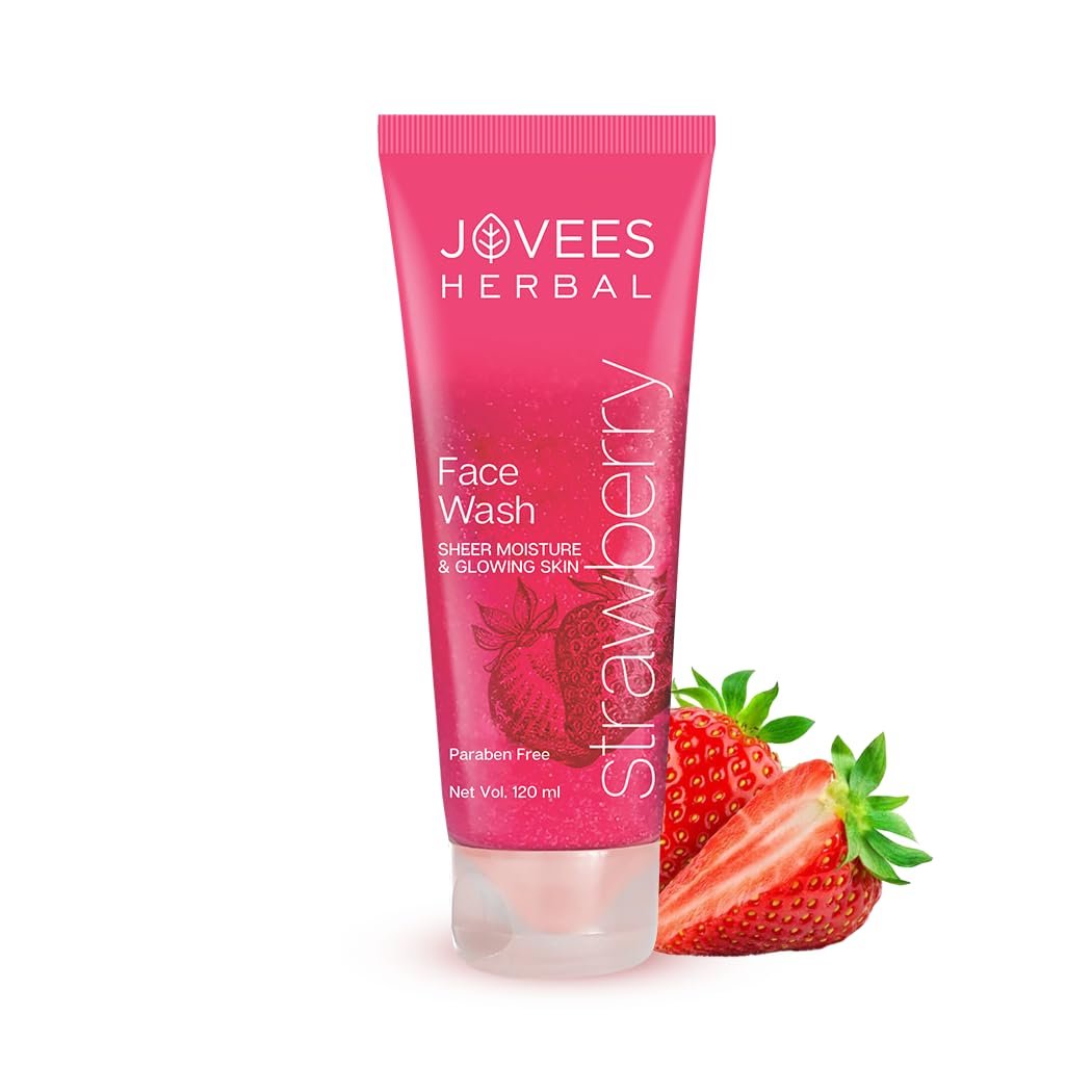 Jovees Herbal Strawberry Face Wash For Hydrating & Glowing Skin with Strawberry Ext. | Gentle Cleanser For Brightens Skin, Removes Pigmentation | For Normal to Dry Skin Types - 120ML