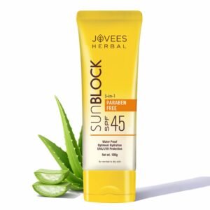 Jovees Herbal Sun Block SPF 45 For Even Toned & Glowing Skin | Suitable For Dry Skin | Sunscreen for UVA/UVB & Blue Light Protection | Lightweight & Non Grassy Sunscreen For Men/Women 50g