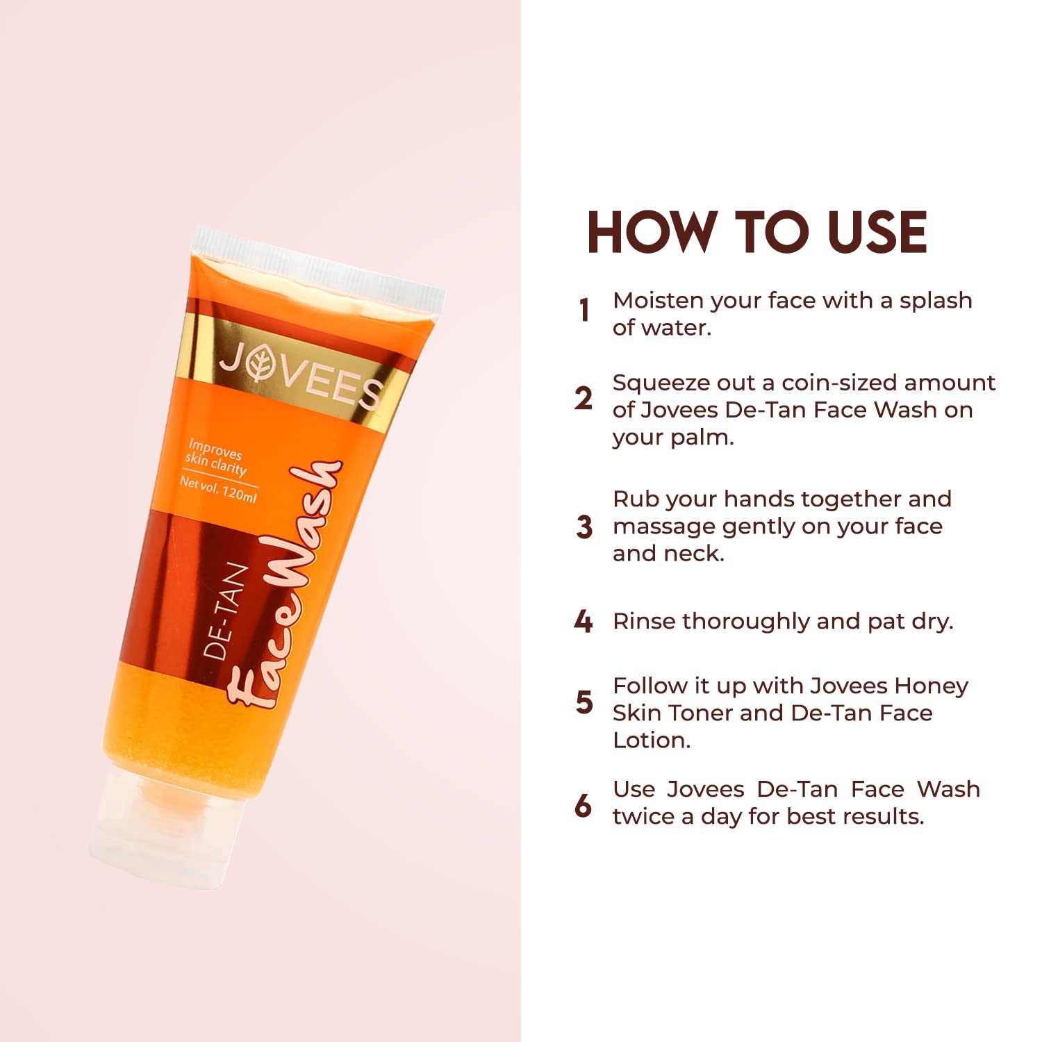 Jovees Herbal Detan Facewash For Glowing and Clear Skin With Liquorice & bearberry Ext. | Gentle Cleanser For Brighten, Even Tone and Hydrates | Suitable for All - 120ml - Image 2