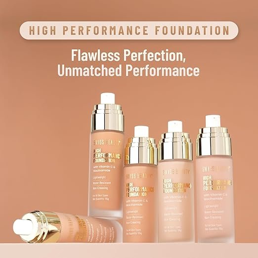 Swiss Beauty High Performance Foundation | Water-Resistant | Medium To Buildable Coverage Liquid Dewy Finish | Lightweight | Easy To Blend | With Vitamin C & Niacinamide
