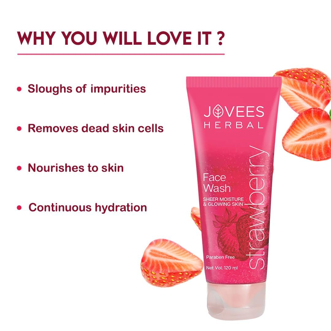 Jovees Herbal Strawberry Face Wash For Hydrating & Glowing Skin with Strawberry Ext. | Gentle Cleanser For Brightens Skin, Removes Pigmentation | For Normal to Dry Skin Types - 120ML - Image 3