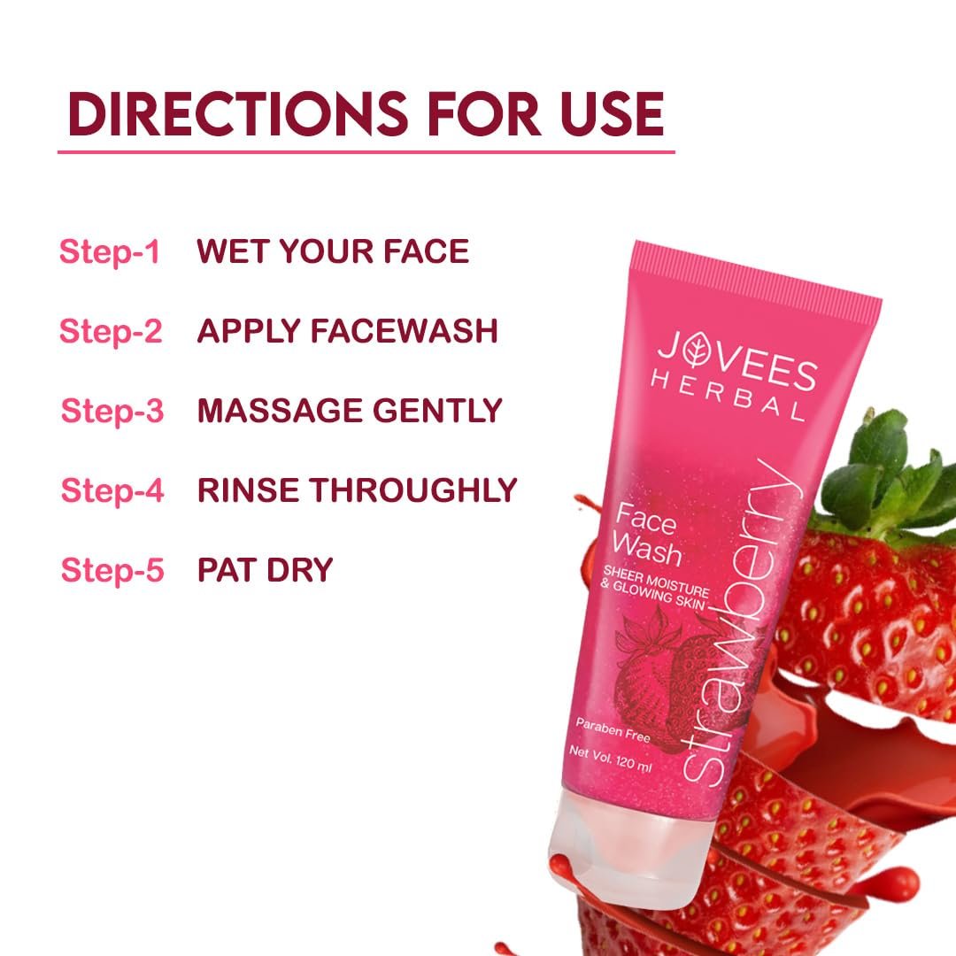 Jovees Herbal Strawberry Face Wash For Hydrating & Glowing Skin with Strawberry Ext. | Gentle Cleanser For Brightens Skin, Removes Pigmentation | For Normal to Dry Skin Types - 120ML - Image 4