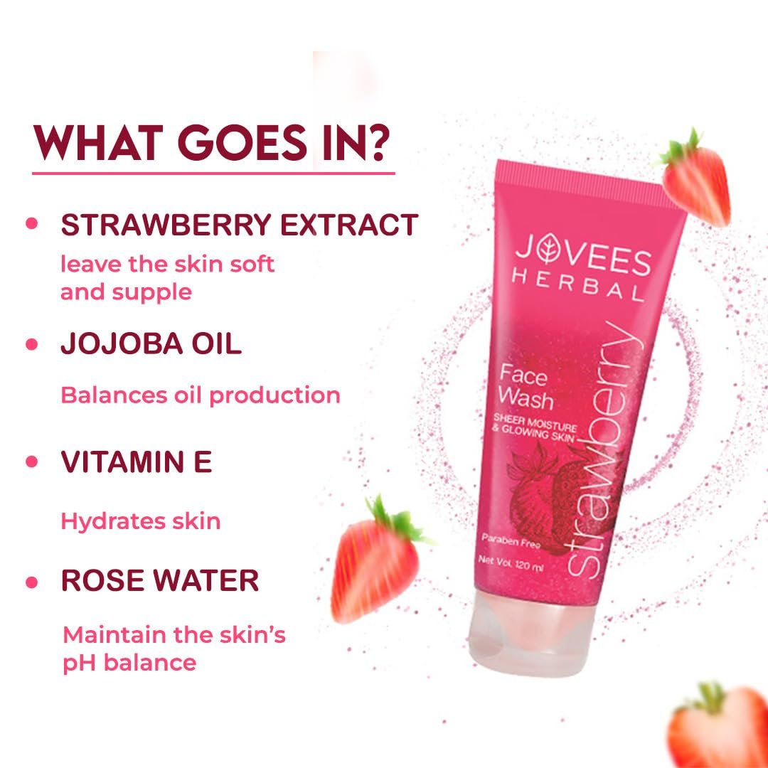 Jovees Herbal Strawberry Face Wash For Hydrating & Glowing Skin with Strawberry Ext. | Gentle Cleanser For Brightens Skin, Removes Pigmentation | For Normal to Dry Skin Types - 120ML - Image 2