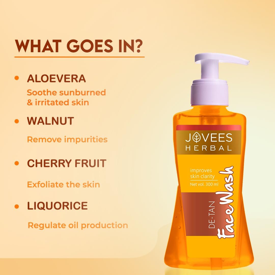 Jovees Herbal Detan Facewash For Glowing and Clear Skin With Liquorice & bearberry Ext. | Gentle Cleanser For Brighten, Even Tone and Hydrates Skin | Suitable for All- 300ml - Image 4