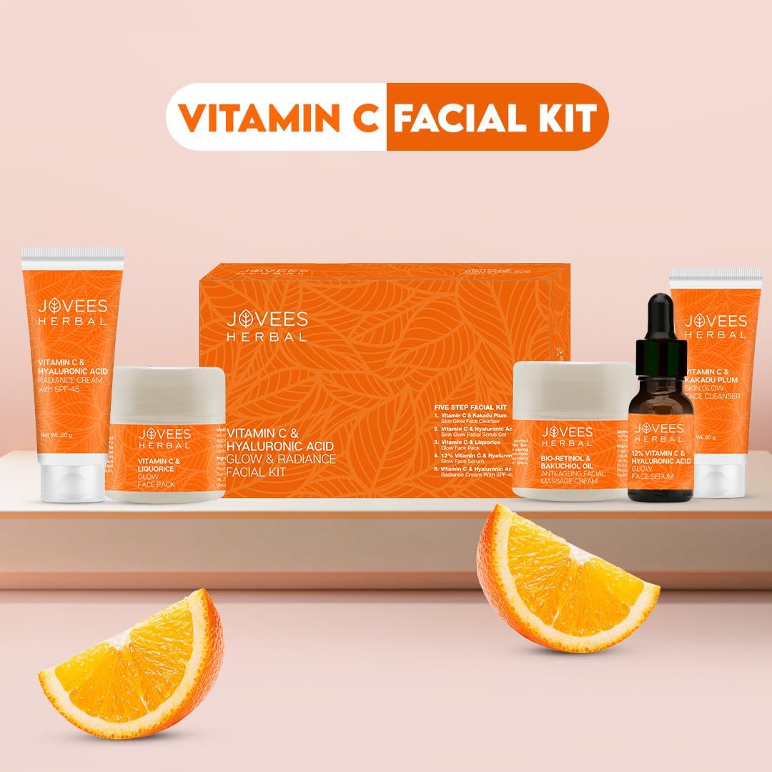 Jovees Herbal Vitamin C & Hyaluronic Acid Glow Facial Kit For Brighter & Radiant Skin | Kit For Improves Uneven Skin Tone, Fines Lines & Dullness 215g (Multiple use) - Image 5