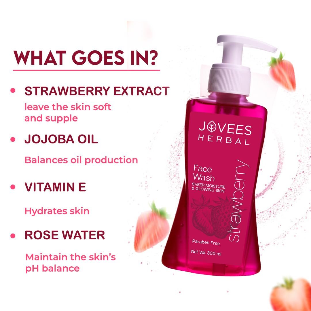 Jovees Herbal Strawberry Face Wash For Hydrating & Glowing Skin with Strawberry Ext. | Gentle Cleanser For Brightens Skin, Removes Pigmentation | For Normal to Dry Skin Types - 300ml - Image 2