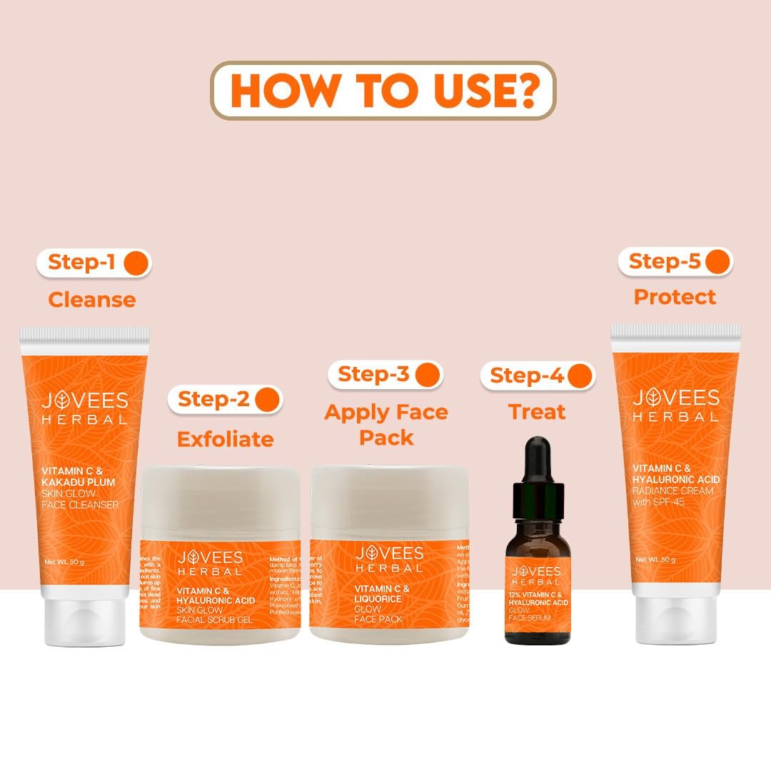 Jovees Herbal Vitamin C & Hyaluronic Acid Glow Facial Kit For Brighter & Radiant Skin | Kit For Improves Uneven Skin Tone, Fines Lines & Dullness 215g (Multiple use) - Image 2
