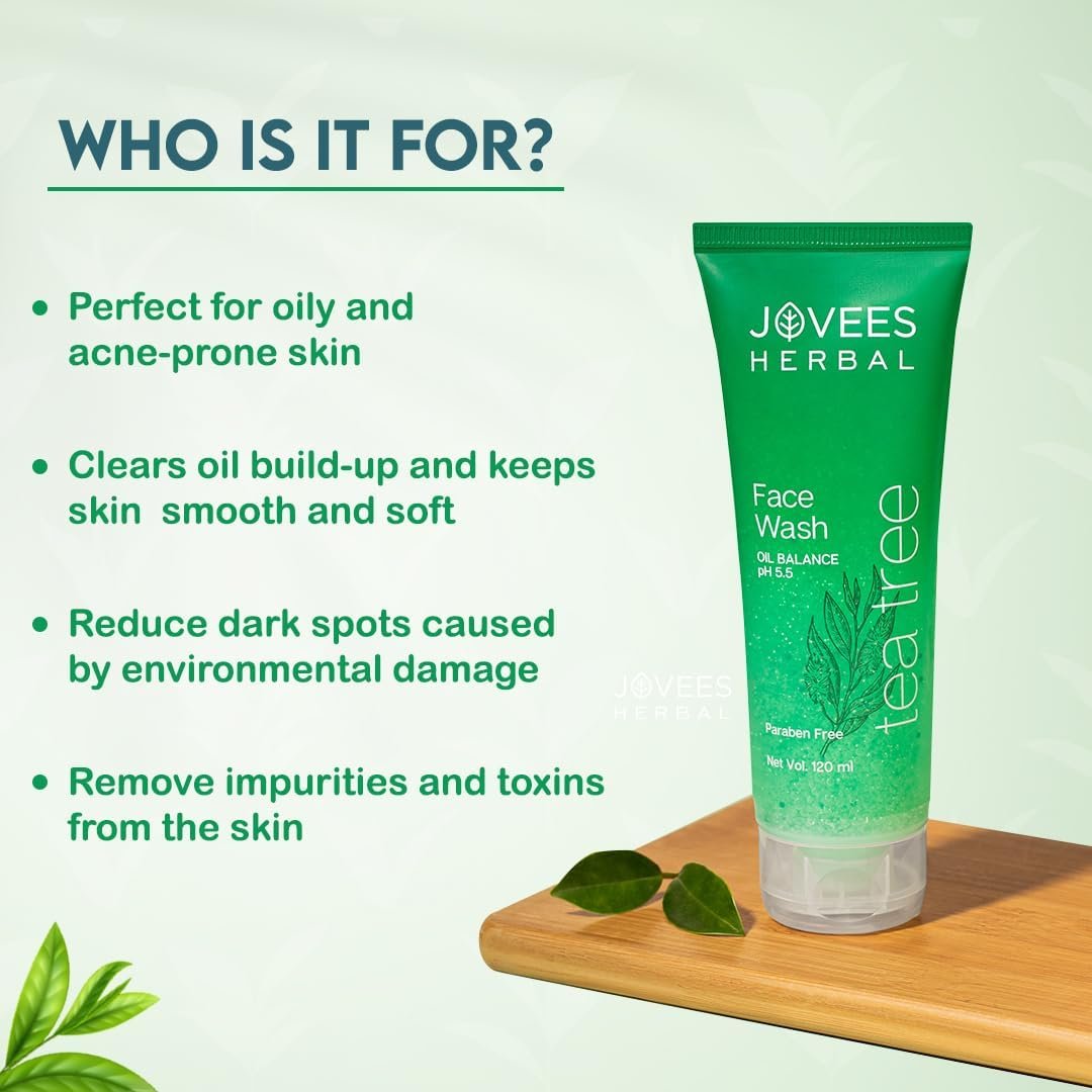 Jovees Herbal Tea Tree Oil Control Face Wash for Oily & Sensitive Skin | Paraben & Alcohol-Free, Controls Oil, Prevents Breakouts, Remove Dead Skin | Gentle Cleanser For All Skin Types - 300ml - Image 3
