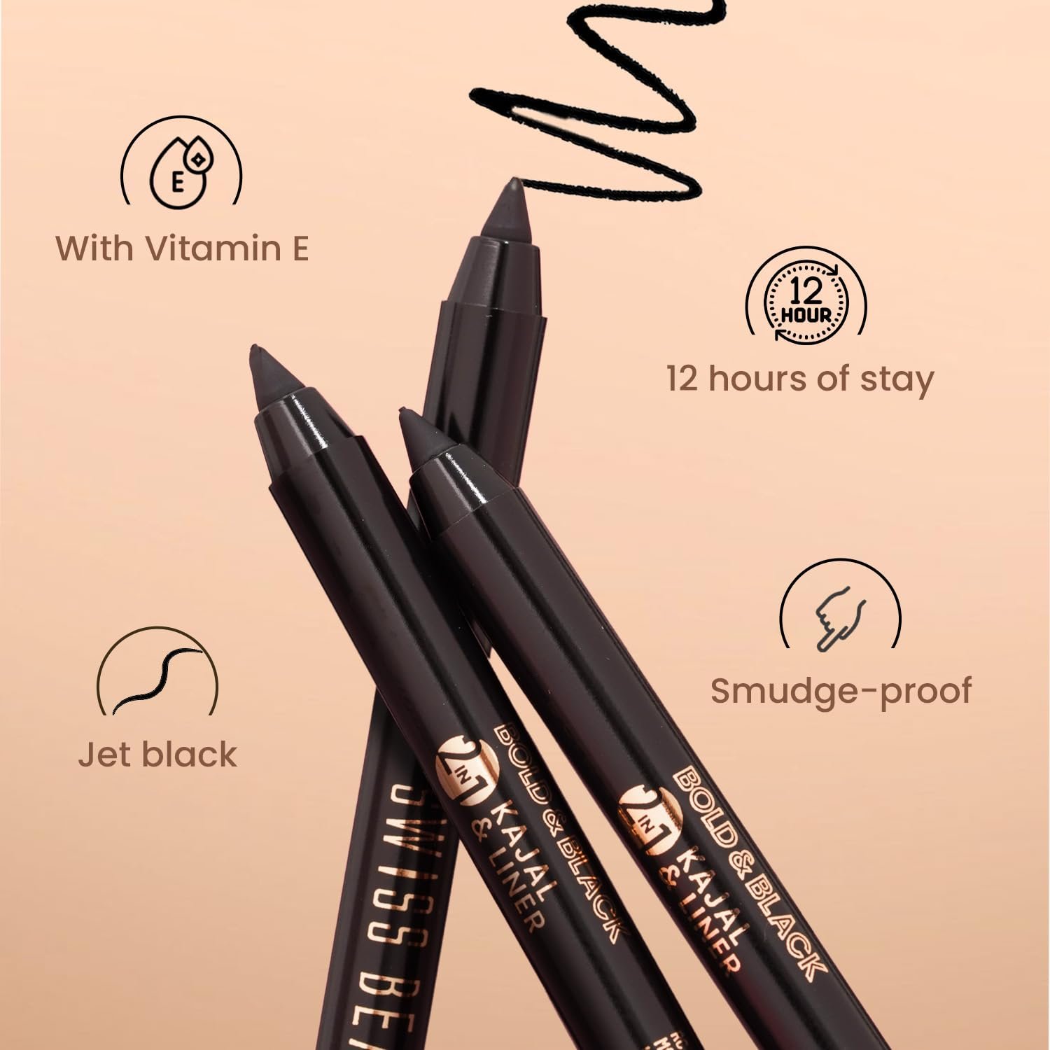 Swiss Beauty Bold & Black Kajal 24Hours Wear, Eye Makeup, Black 0.35g - Image 2