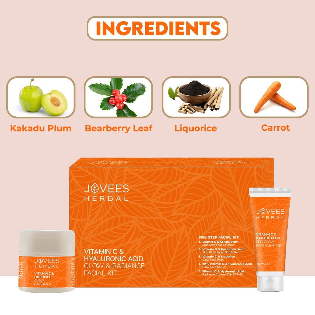 Jovees Herbal Vitamin C & Hyaluronic Acid Glow Facial Kit For Brighter & Radiant Skin | Kit For Improves Uneven Skin Tone, Fines Lines & Dullness 215g (Multiple use) - Image 3