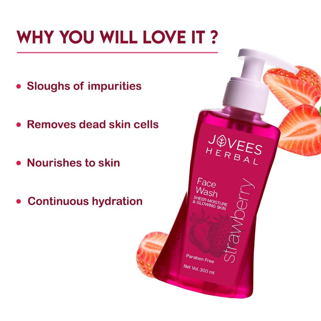 Jovees Herbal Strawberry Face Wash For Hydrating & Glowing Skin with Strawberry Ext. | Gentle Cleanser For Brightens Skin, Removes Pigmentation | For Normal to Dry Skin Types - 300ml - Image 3