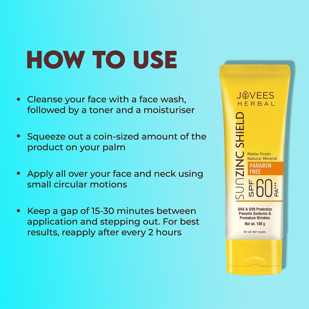 Jovees Herbal Sun Zinc Shield SPF 60 PA+++ Broad Spectrum | Matte Finish | Oil Free | UVA/UVB & Blue Light Protection | Sunscreen For Men/Womens 100g - Image 2