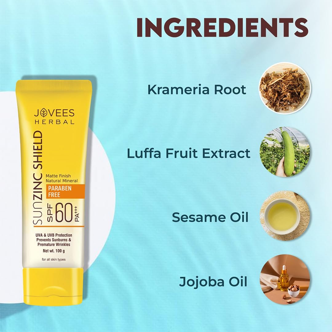 Jovees Herbal Sun Zinc Shield SPF 60 PA+++ Broad Spectrum | Matte Finish | Oil Free | UVA/UVB & Blue Light Protection | Sunscreen For Men/Womens 100g - Image 3