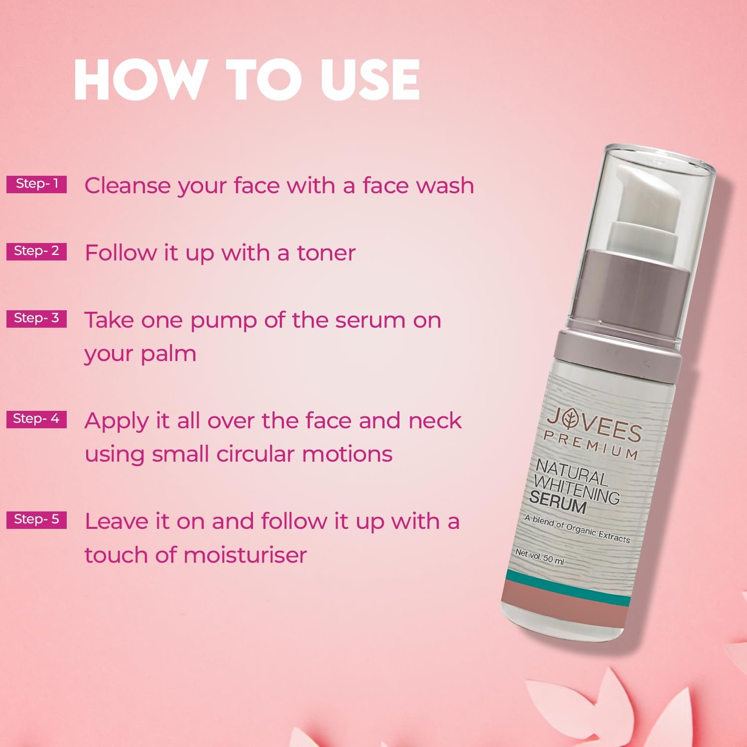 Jovees Premium Natural Whitening Serum | Brightens Dull Skin | Gives Clear And Glowing Skin | Lightweight & Fast Absorbing | Suitable For All Skin Types | 50ml - Image 2