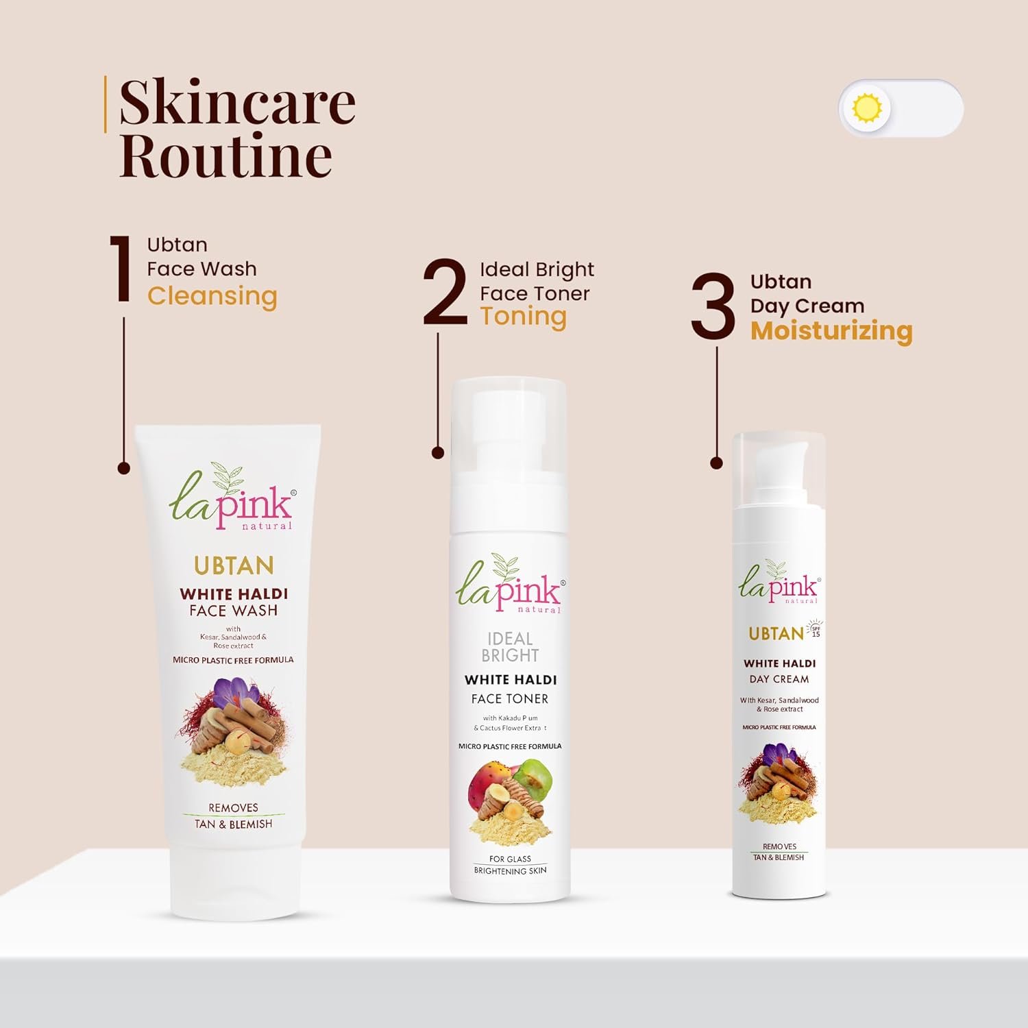 La Pink Ubtan White Haldi Day Cream | 100% Microplastic Free Formula | Removes Tan | Kesar, Sandalwood and Rose | Glowing and Brightening Skin | All Skin Types | 50g - Image 3