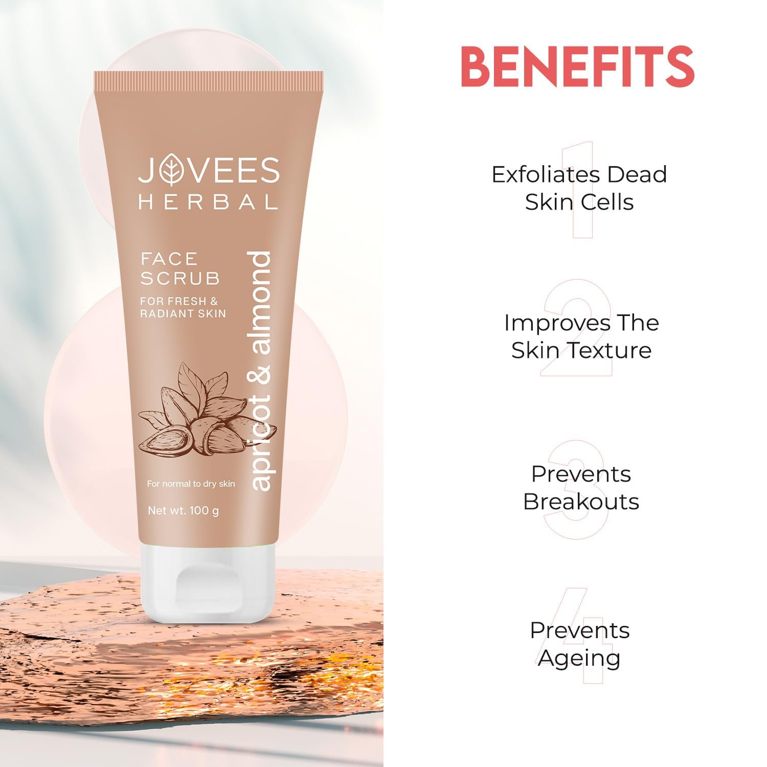 Jovees Herbal Apricot & Almond Face Scrub with Almond, Apricot & Wheatgerm Oil For Normal to Dry Skin | Gently Removes dead Skin, Anti-Pigmentation, Tan Removal, Smooth and Clear Complexation 100g - Image 4