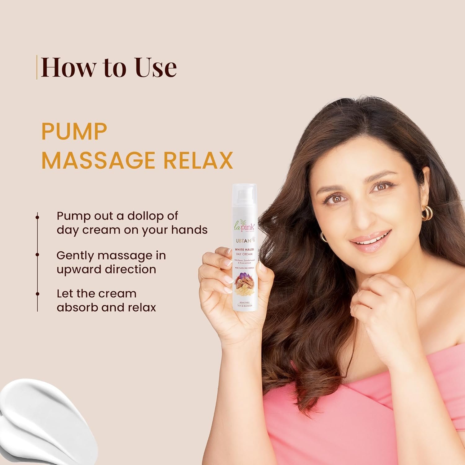 La Pink Ubtan White Haldi Day Cream | 100% Microplastic Free Formula | Removes Tan | Kesar, Sandalwood and Rose | Glowing and Brightening Skin | All Skin Types | 50g - Image 7