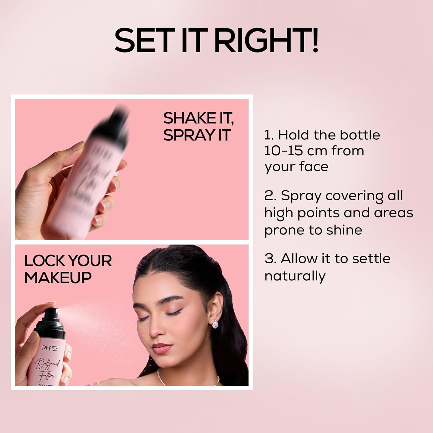 RENEE Bollywood Filter Blurring Setting Spray for Face Makeup, Matte Finish & Pore Blur Effect with Niacinamide & Hyaluronic Acid, Long Lasting Makeup Fixer & Shine Control, Fine Mist 100ml - Image 4