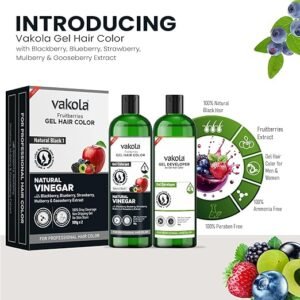 vakola Natural Black 20 Minutes Gel Hair Color, Fruitberries Extracted - 100% Grey Coverage, No Skin Stain- 500ML Developer and 500ML Colorant, Pack of 1