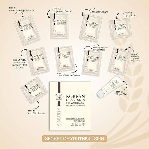 FYC Professional Korean Glass Glow Facial Kit 9 Step | Rice Water, Ginseng & Niacinamide | Brightening, Anti Aging, Deep Cleansing | 183g - Image 6