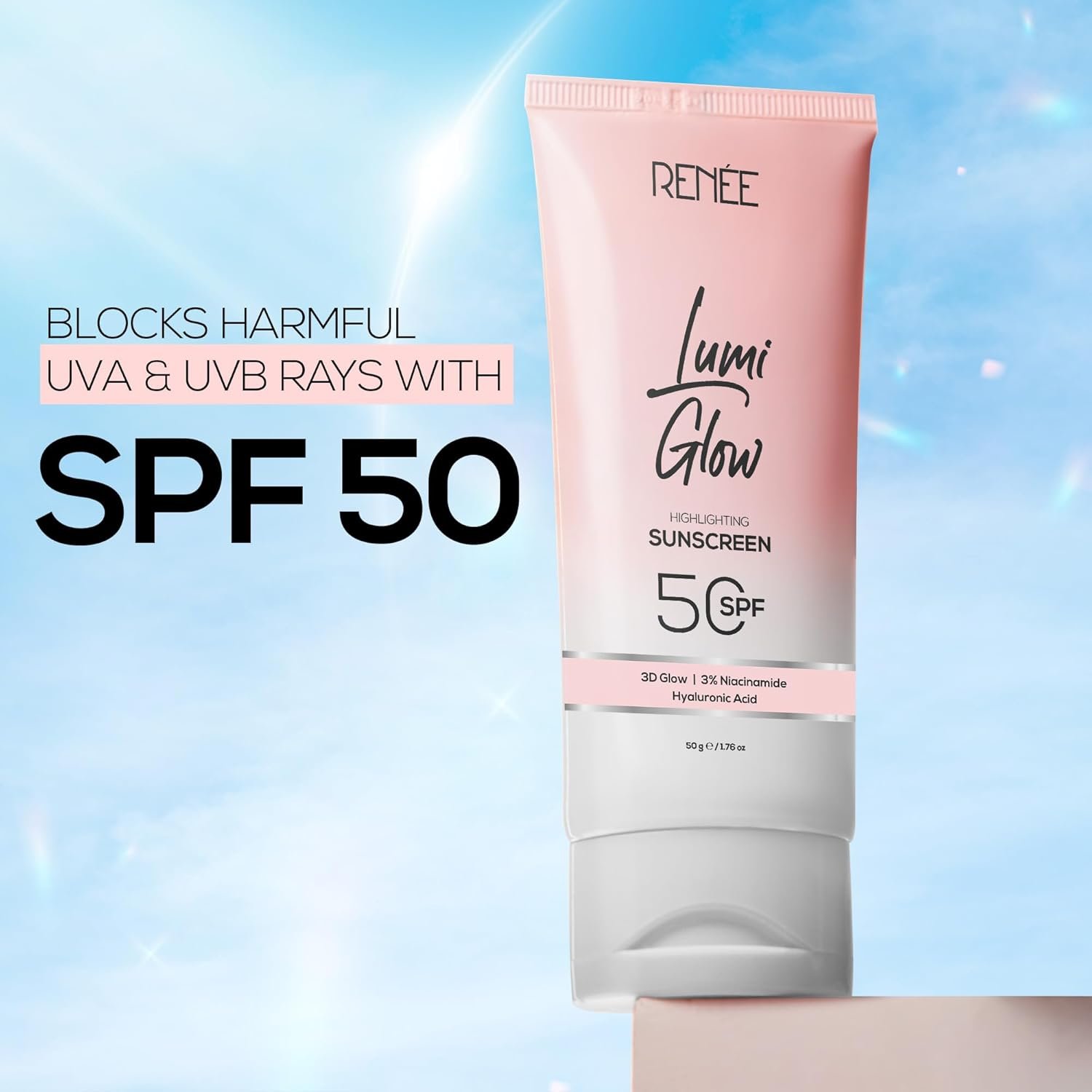 RENEE Lumi Glow Highlighting Sunscreen with SPF 50 | In-Vivo Tested | With Niacinamide & Hyaluronic Acid | Lightweight & Non-Sticky | No White Cast | Protects against UVA-UVB | Radiant Finish | 50g - Image 5
