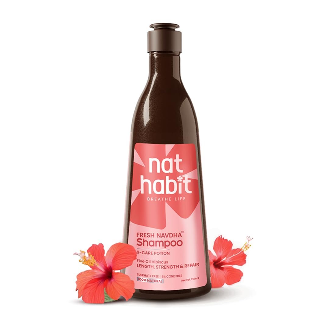 Nat Habit Hibiscus Navdha Shampoo for Hair Growth, Fermented Soy Gentle Cleanser for Long Thick Hair | Natural Shampoo with Amla For Women & Men, Sulfate Free| 250ml