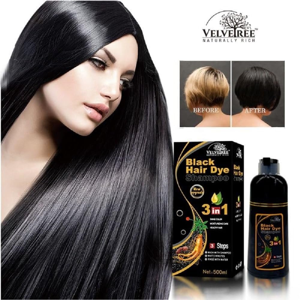 Velvetree Professional Black Hair Dye Shampoo for Men & Women | 3-in-1 Instant Hair Color, Shine & Conditioning (500ml) - Image 3