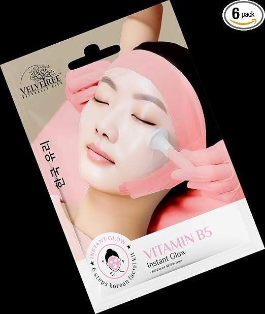 VELVETREE Vitamin B5 Instant Glow 6 Steps Korean Facial Kit – Brightening & Hydrating Face Treatment for Radiant Skin, Deep Cleansing & Moisturizing, Suitable for All Skin Types, 45g