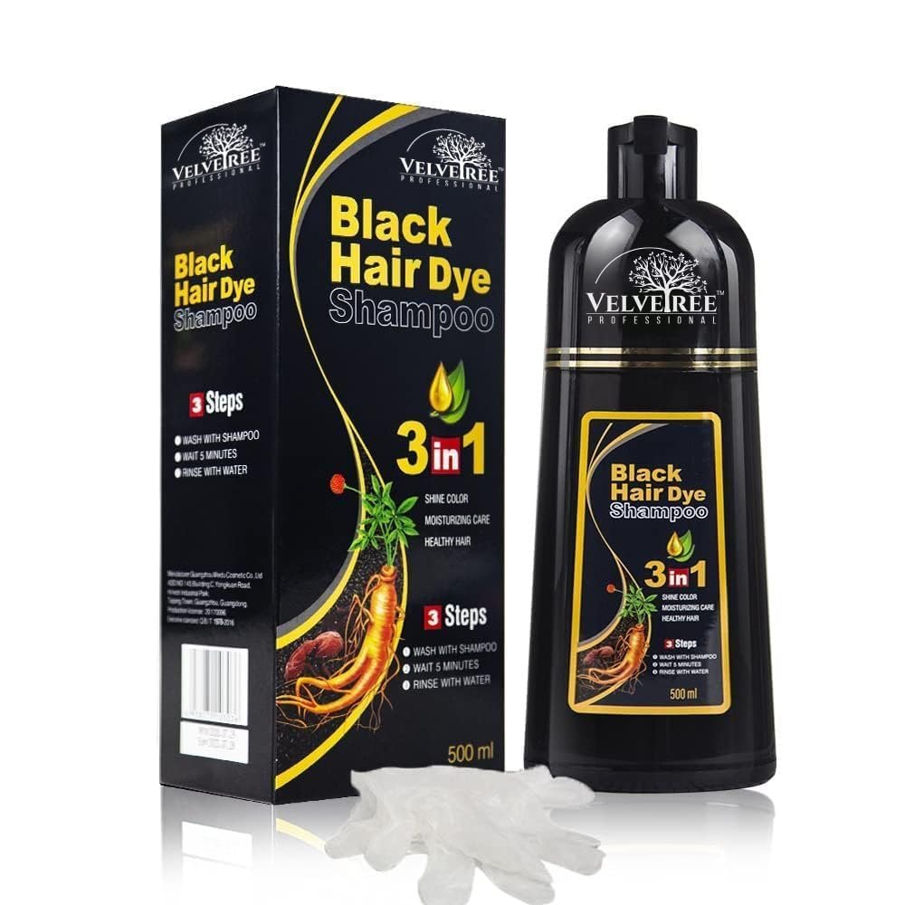 Velvetree Professional Black Hair Dye Shampoo for Men & Women | 3-in-1 Instant Hair Color, Shine & Conditioning (500ml)