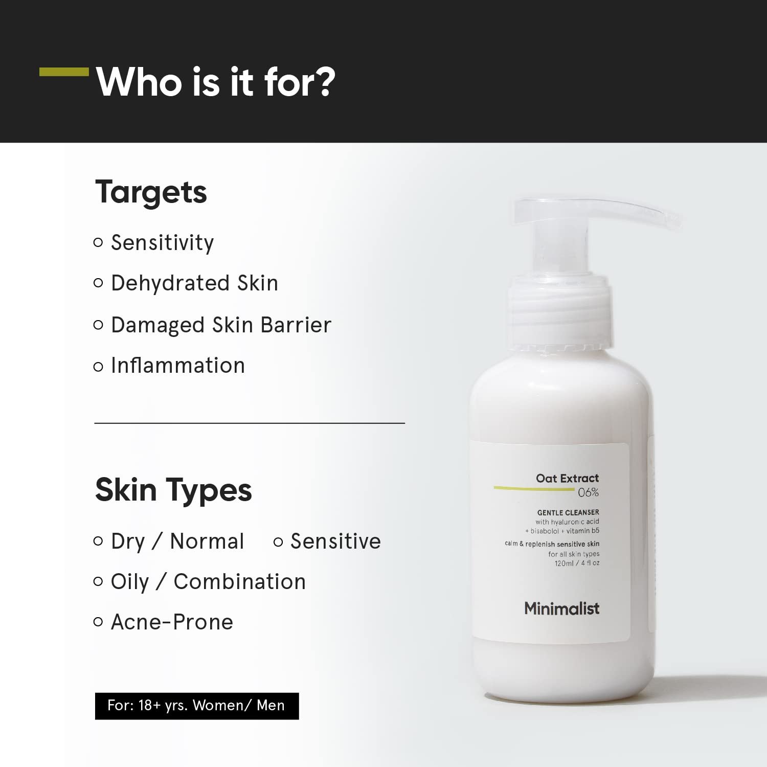 Minimalist Gentle Face Wash With 6% Oat Extract & Hyaluronic Acid For Sensitive Skin (Dry to Normal) | Sulphate Free | Non-Drying | Fragrance Free | Gentle Cleanser (120 ML) - Image 5