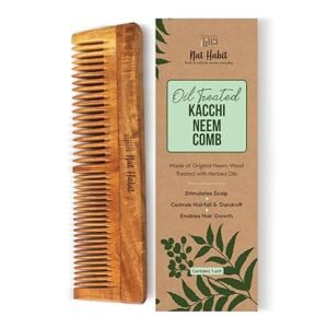 Nat Habit Kacchi Neem Wooden Shampoo Comb, Soaked In 13 Herbs, Neem & Sesame Oil - For Post Shampoo Detangling Suited For Long & Thick Hair (Wide Tooth- Small Size) Pack of 1