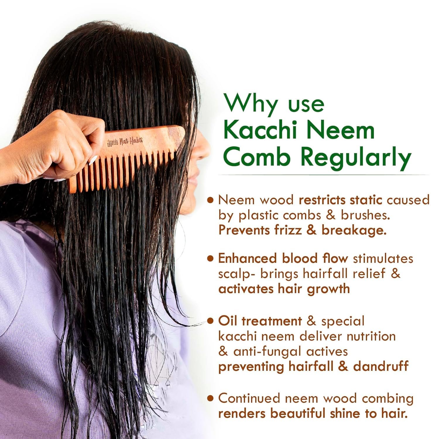 Nat Habit Kacchi Neem Wooden Shampoo Comb, Soaked In 13 Herbs, Neem & Sesame Oil - For Post Shampoo Detangling Suited For Long & Thick Hair (Wide Tooth- Small Size) Pack of 1 - Image 5