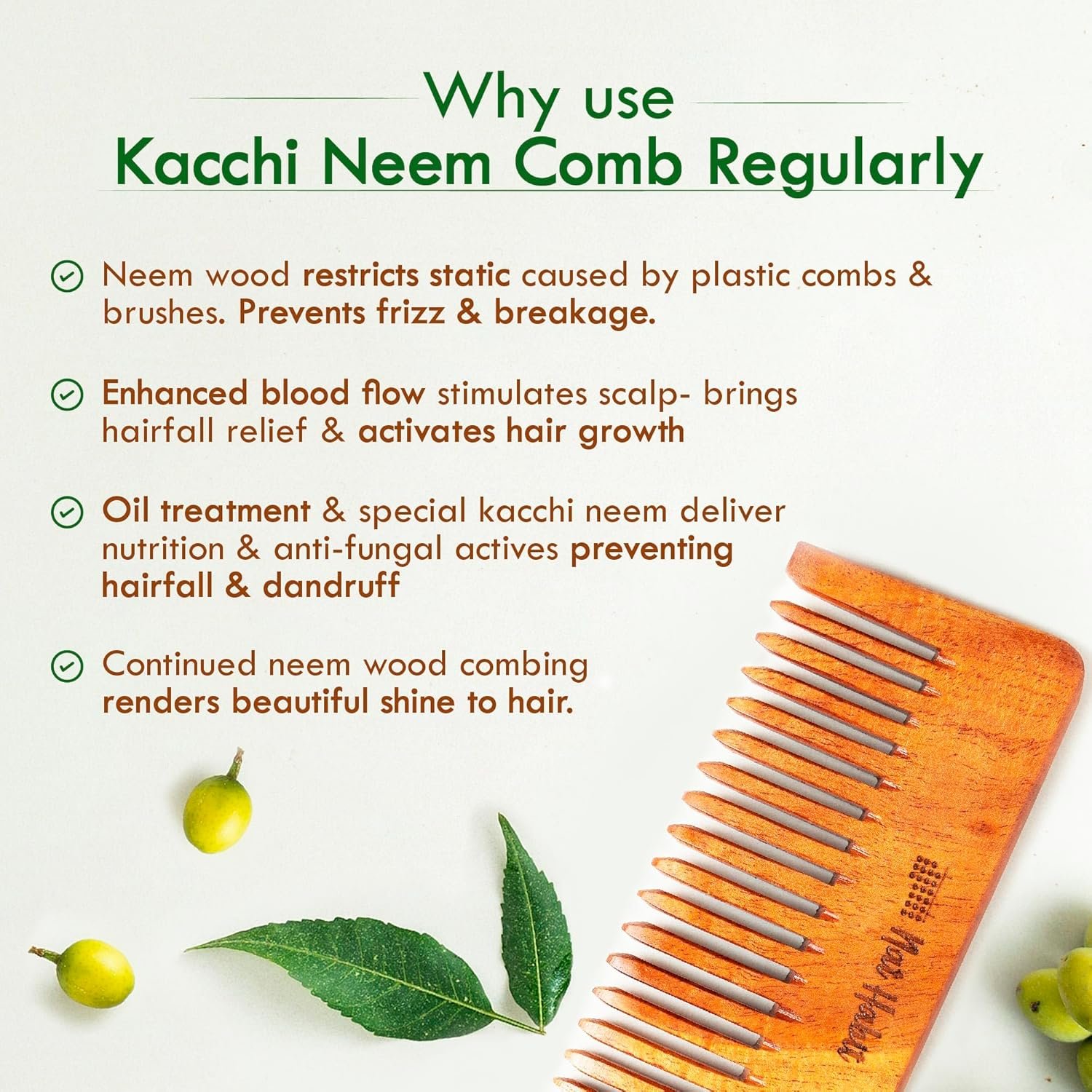 Nat Habit Kacchi Neem Wooden Shampoo Comb, Soaked In 13 Herbs, Neem & Sesame Oil - For Post Shampoo Detangling Suited For Long & Thick Hair (Wide Tooth- Small Size) Pack of 1 - Image 4