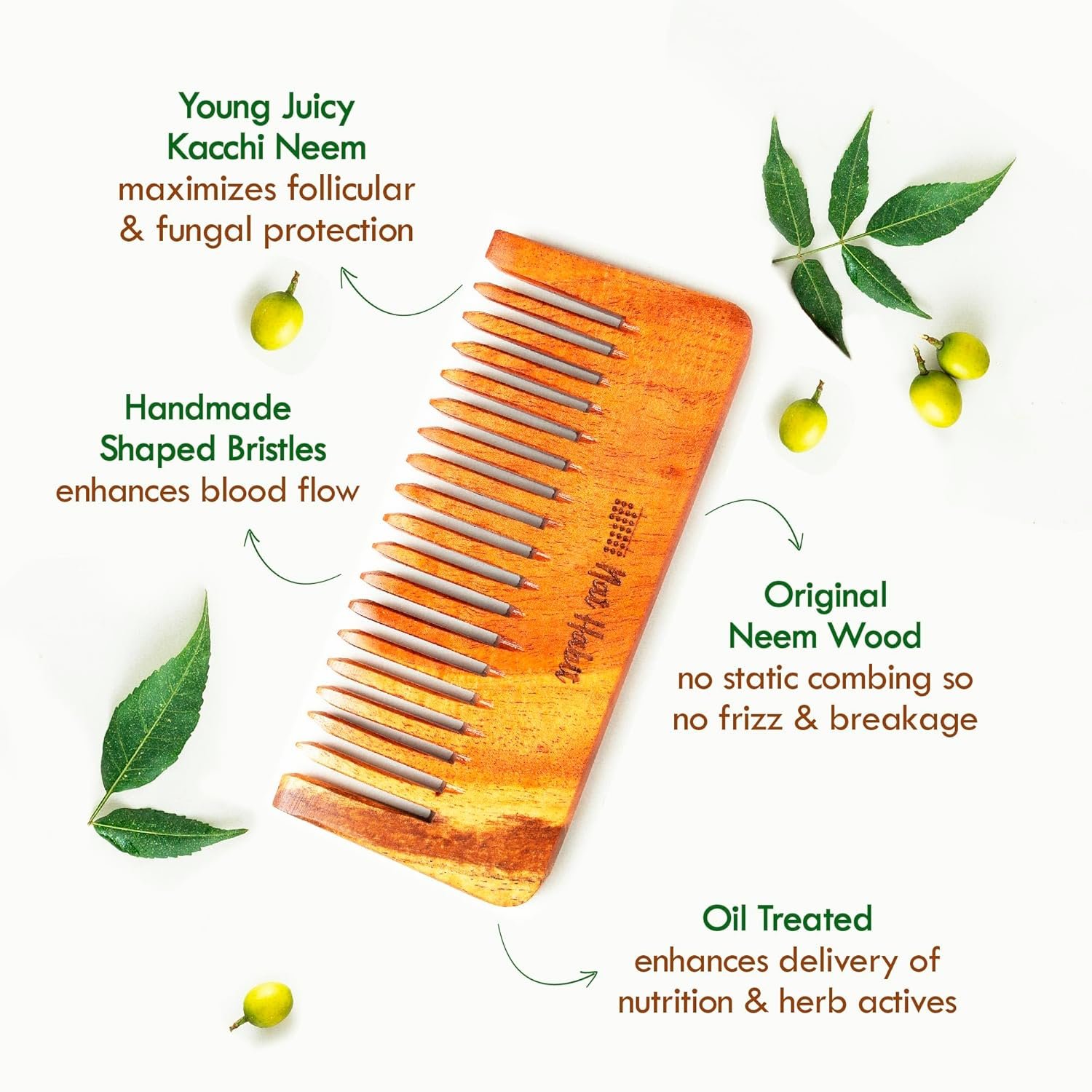 Nat Habit Kacchi Neem Wooden Shampoo Comb, Soaked In 13 Herbs, Neem & Sesame Oil - For Post Shampoo Detangling Suited For Long & Thick Hair (Wide Tooth- Small Size) Pack of 1 - Image 6