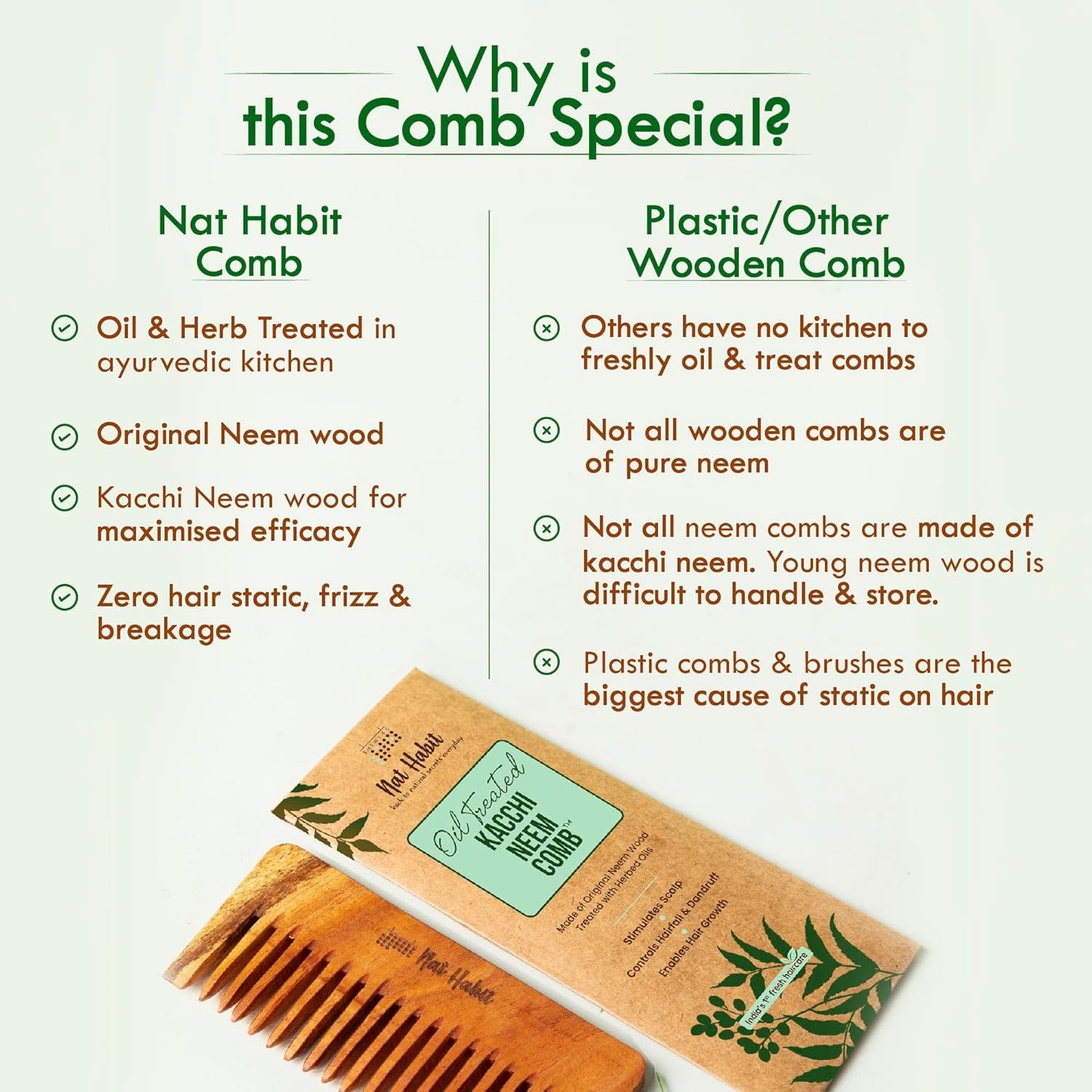 Nat Habit Kacchi Neem Wooden Shampoo Comb, Soaked In 13 Herbs, Neem & Sesame Oil - For Post Shampoo Detangling Suited For Long & Thick Hair (Wide Tooth- Small Size) Pack of 1 - Image 3