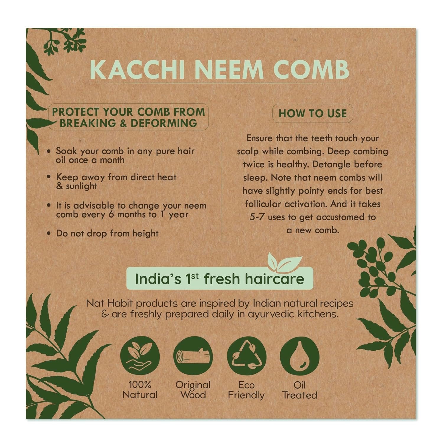 Nat Habit Kacchi Neem Wooden Shampoo Comb, Soaked In 13 Herbs, Neem & Sesame Oil - For Post Shampoo Detangling Suited For Long & Thick Hair (Wide Tooth- Small Size) Pack of 1 - Image 2